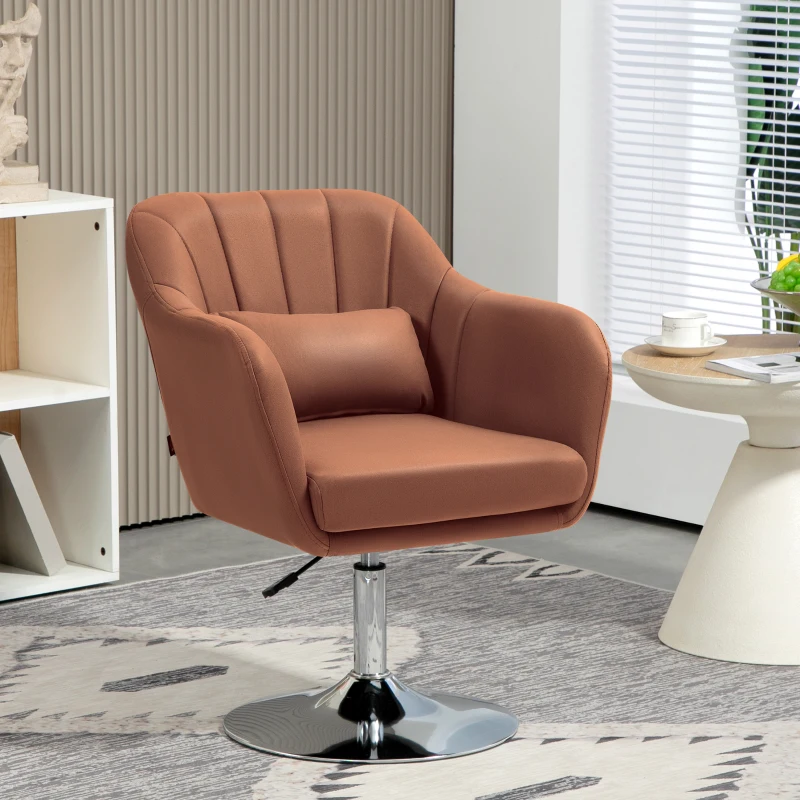 HOMCOM Fauteuil de salon coussins lombaires hauteur réglable pivotant 360° piètement en métal marron