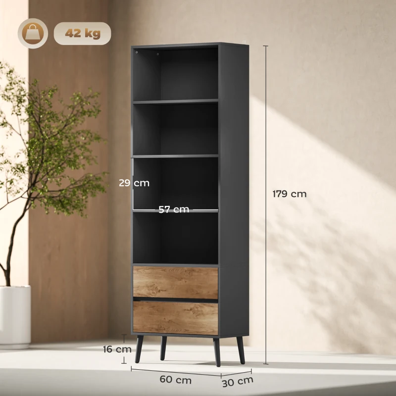 HOMCOM Bibliothèque meuble de rangement avec 4 compartiments ouverts et 2 tiroirs, 60 x 30 x 179 cm, gris