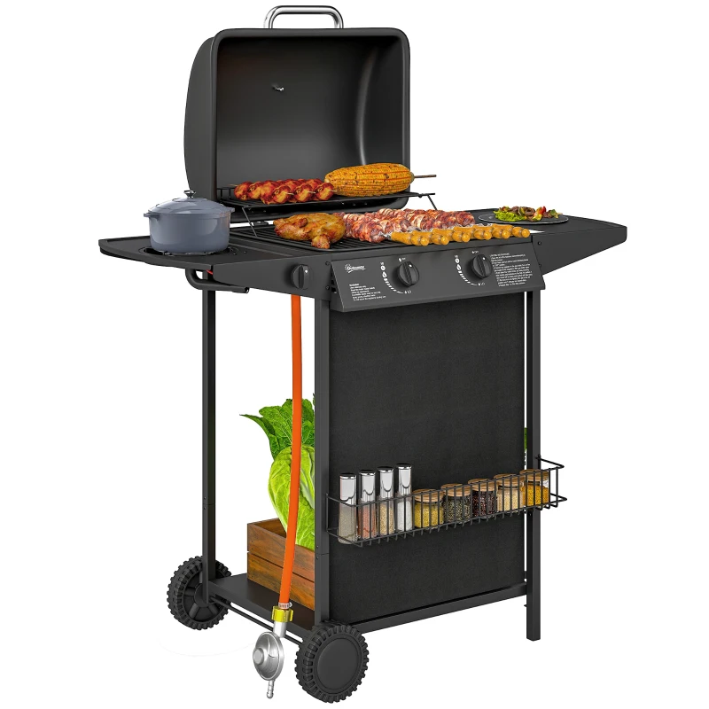 Outsunny Gasgrill 7 KW Grillwagen inkl 3 Brenner Seitenkocher Rolle Deckel 107 x 54 x 96 cm Schwarz