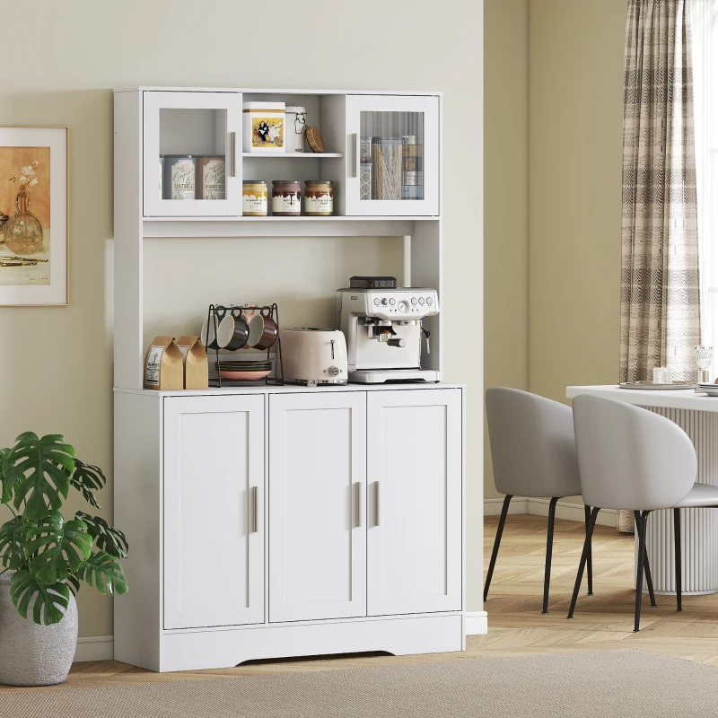 HOMCOM Keukenkast, Scandinavisch Design, 4 Kasten, Verstelbare Planken, Glazen Deuren, Open Vak, Spaanplaat, MDF, Wit(m-8)