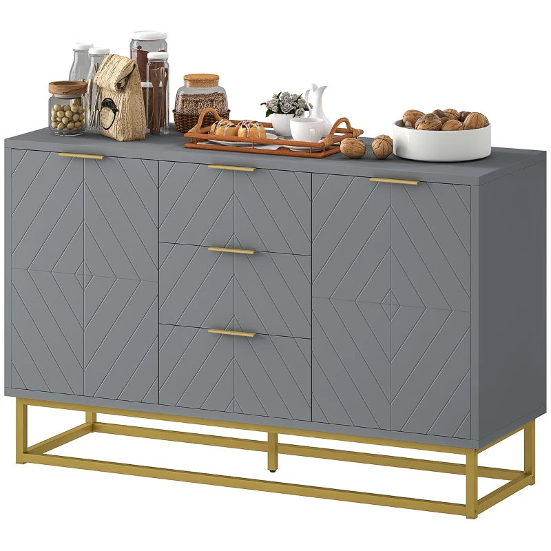 HOMCOM Aparador Auxiliar Armário de Armazenamento com 3 Gavetas e 2 Armários com Prateleira Ajustável 120x40x76 cm Cinza