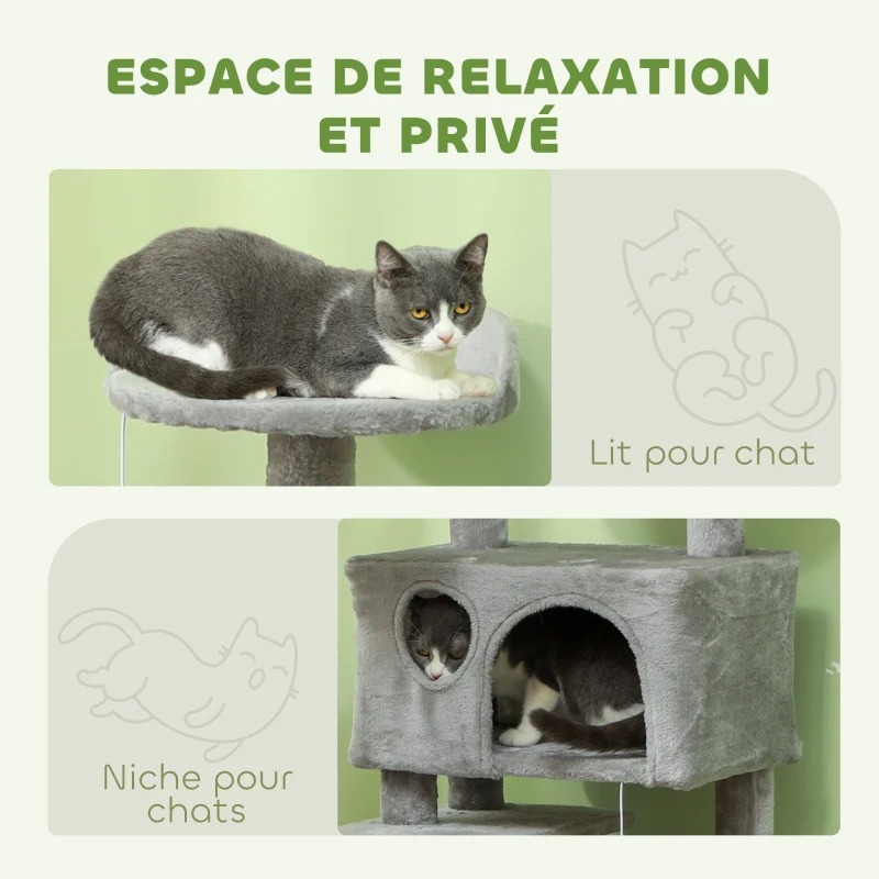 PawHut Arbre à chat hauteur 138 cm, tour de jeux pour chats avec griffoir, plate-formes, 2 niches, 49 x 49 x 138 cm gris clair