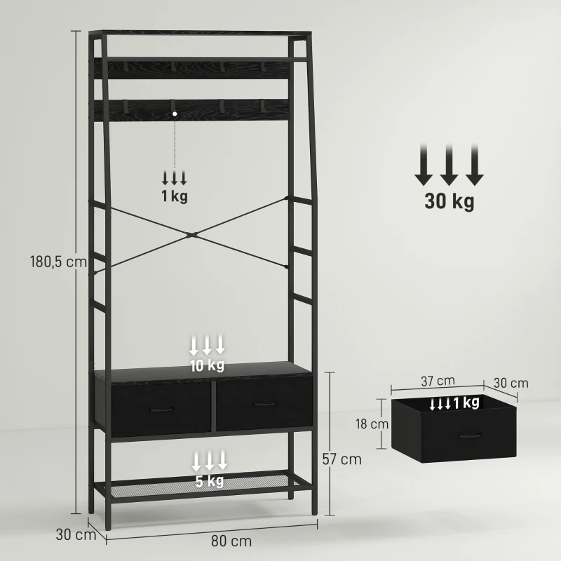 HOMCOM Kapstok met Schoenenrek in Industriële Stijl, Kledingrek met 2 Stoffen Lades, 8 Haken, Metalen Frame, Zwart(m-3)