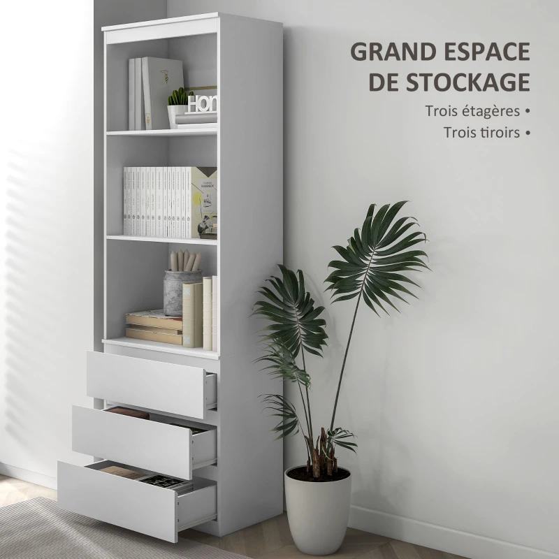 HOMCOM Bibliothèque haute de 180 cm avec 3 étagères et 3 tiroirs 60 x 35 x 180 cm en bois blanc