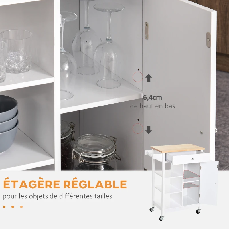HOMCOM Desserte de cuisine à roulettes avec placard, tiroir, 3 étagères ouvertes et porte-serviettes, 66x39,5x86,5cm, blanc
