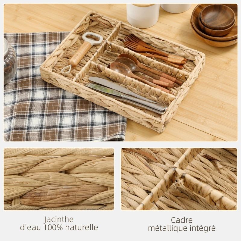 HOMCOM Panier de rangement tressé en jacinthe d'eau avec 4 compartiments, pour salle de bain, chambre à coucher, naturel