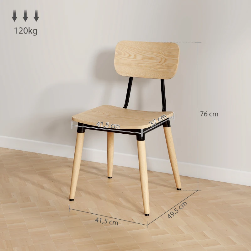 HOMCOM Lot de 2 chaises de salle à manger modernes avec pieds en acier et dossier incurvé, effet bois naturel