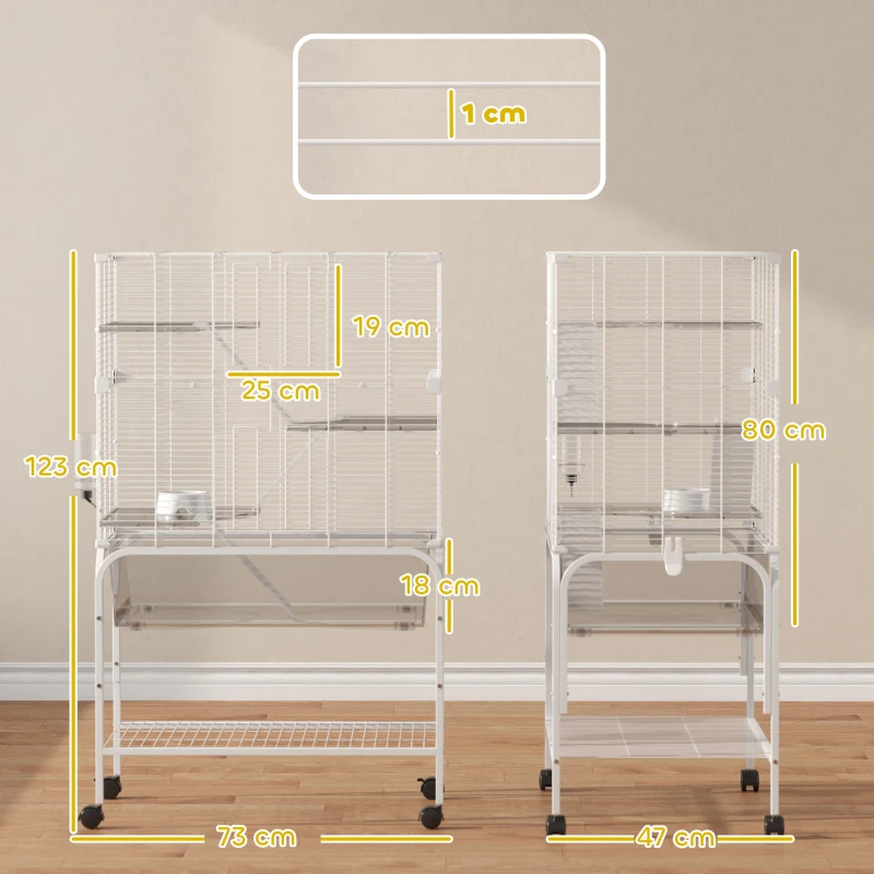 PawHut Jaula para Animales Pequeños de 4 Niveles con Ruedas Bandeja Profunda Rampas Plataformas y Comedero 73x47x123 cm Blanco