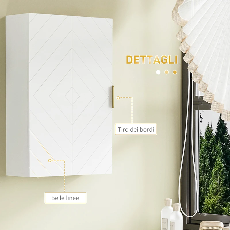 kleanking Armadietto Bagno a Muro con Anta Decorata, Maniglia Dorata e Ripiani Regolabili, 40x15x60 cm, Bianco