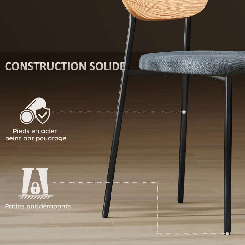 HOMCOM Lot de 2 chaises de salle à manger avec pieds en acier, dossier incurvé et assise rembourrée, gris et effet bois naturel