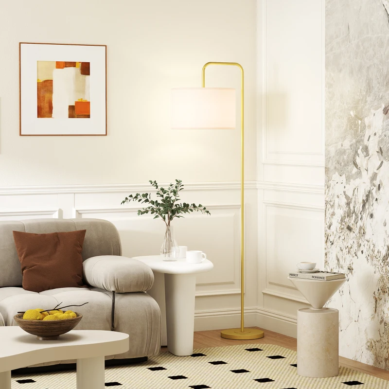 HOMCOM Lampadaire sur pied salon style moderne avec abat-jour aspect lin et interrupteur à pied 163,5 cm doré et blanc