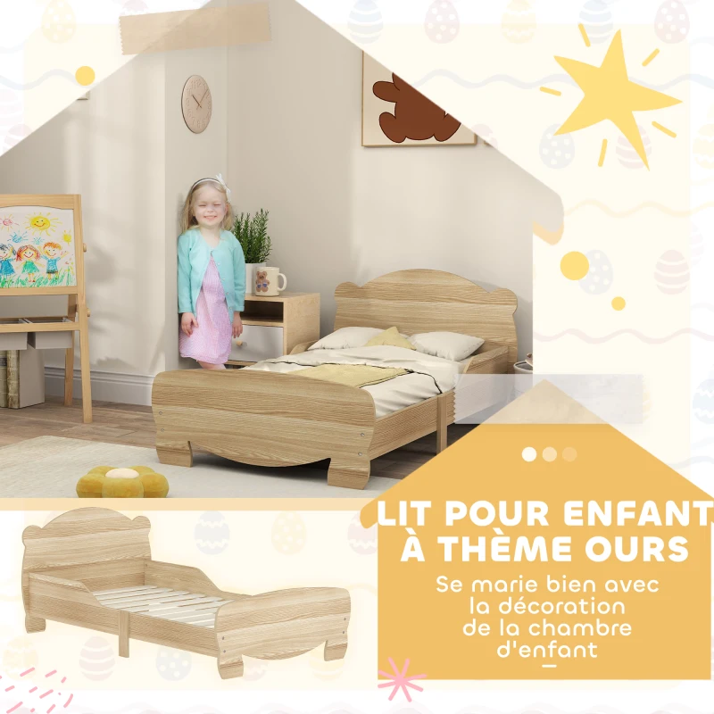 AIYAPLAY Lit enfant 70x140 cm avec barrières de sécurité thème d'ours pour garçons, filles, âgés de 3 à 6 ans, bois naturel