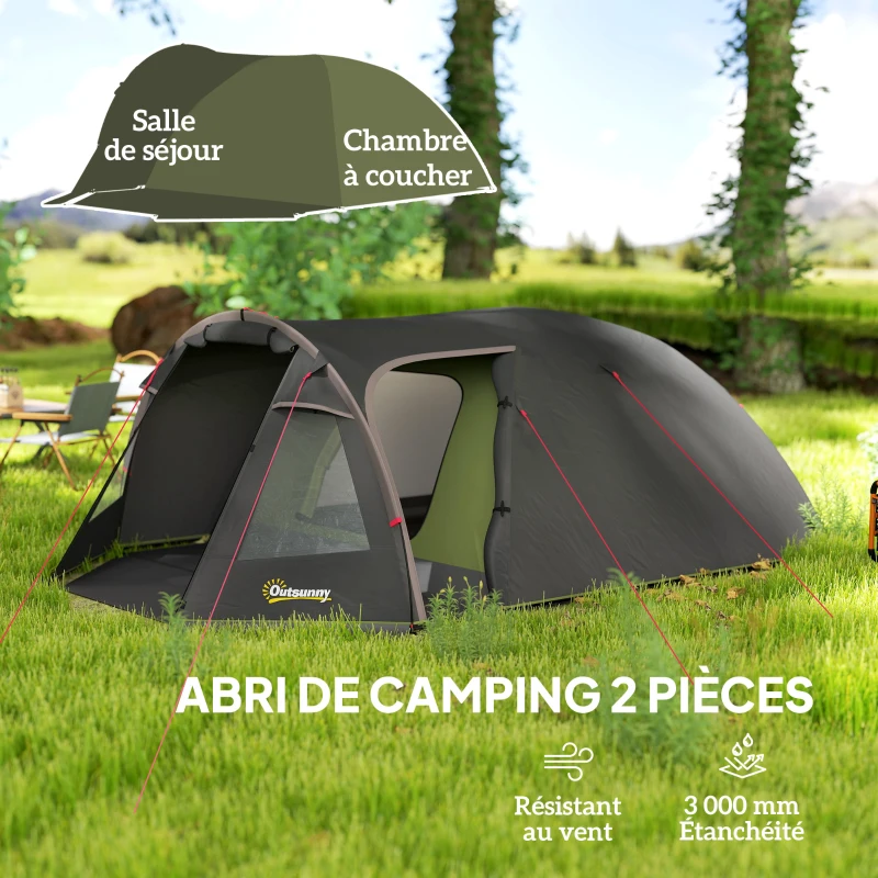 Outsunny Tente de camping familiale pour 2-4 personnes, tente tunnel imperméable 3000 mm 3 portes, 3,6 x 2,5 x 1,3 m, noir