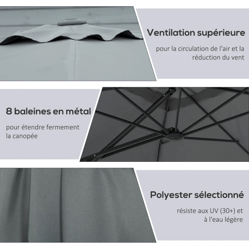 Outsunny Parasol déporté carré 2,5 x 2,5 m, parasol de jardin extérieur protection UV base croisée incluse gris foncé
