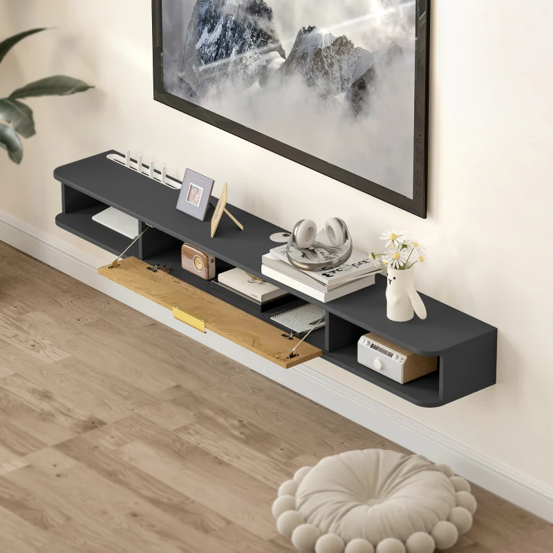 HOMCOM Meuble TV suspendu avec compartiments ouverts, porte rabattable et passe-câbles, 160 x 24 x 16 cm, gris