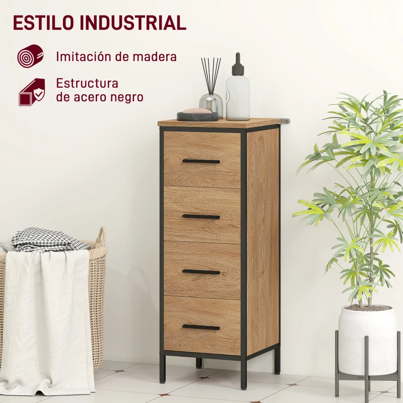 HOMCOM Armario de Baño Mueble de Baño Estrecho Cajonera con 4 Cajones y Estructura de Acero 30x30x82 cm Roble