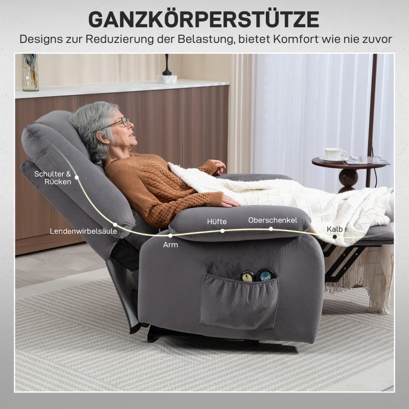 HOMCOM Fernsehsessel mit Aufstehhilfe, Wärme- und Massagefunktion, Fernbedienung und Seitentasche, Dunkelgrau(m-8)