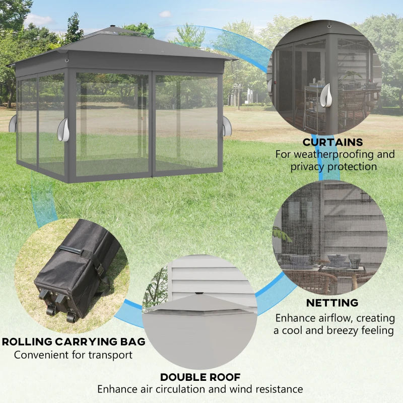 Outsunny Pawilon ogrodowy z lampkami LED zasilany energią słoneczną, 336 cm x 336 cm x 270 cm, Szary