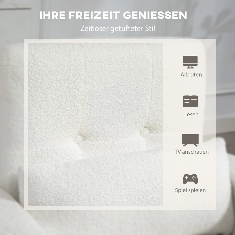 HOMCOM Nowoczesny Fotel z Podłokietnikami, Pikowany Fotel z Nogami z Drewna Kauczukowego, Poduszką Lędźwiową, do Salonu, Sypialni, Biura, Biały