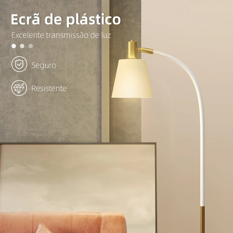 HOMCOM Candeeiro de Pé LED com Altura Ajustável Ecrã Interruptor para Sala de Estar Escritório Quarto 49x21x127-160 cm Branco e Dourado