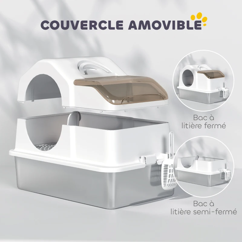 PawHut Maison de toilette pour chat avec couvercle amovible, bac à litière chat fermé côtés hauts, 60,5x40,5x42cm, blanc