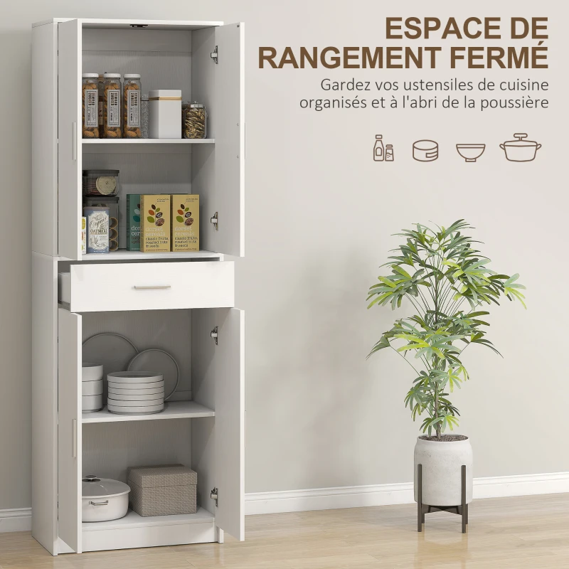 HOMCOM Armoire de cuisine moderne avec placards à portes, étagères réglables et tiroir, 60 x 35 x 180 cm, blanc