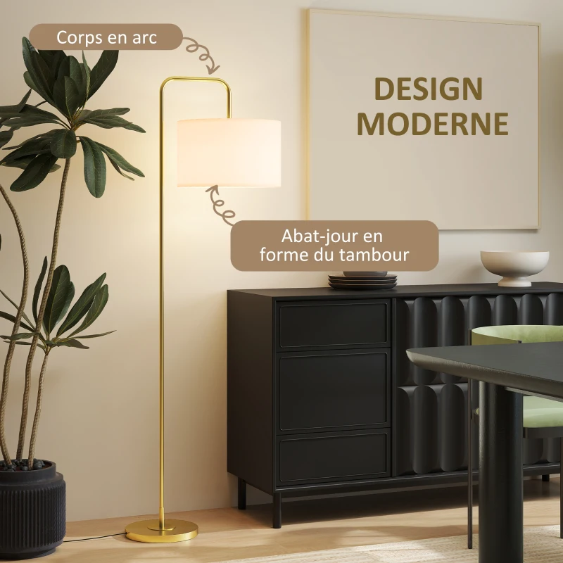 HOMCOM Lampadaire sur pied salon style moderne avec abat-jour aspect lin et interrupteur à pied 163,5 cm doré et blanc