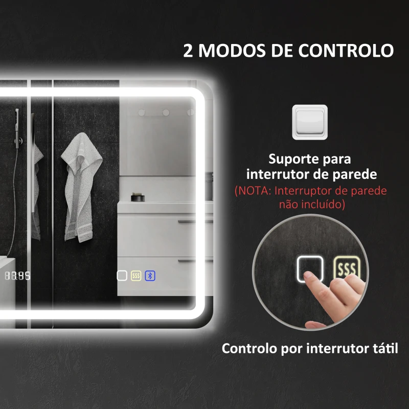 HOMCOM Espelho de Casa de Banho com Luz LED 70x50 cm Bluetooth 3 Cores de Luz Relógio Digital Função Antiembaciamento Memória Prata