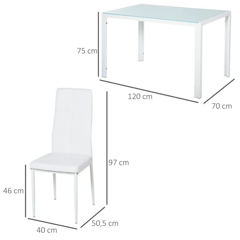 HOMCOM Ensemble table à manger et chaises pour 4 personnes, plateau rectangulaire en verre, pour cuisine salon maison, blanc