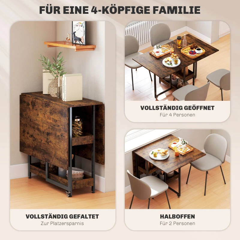 HOMCOM Klappbarer Esstisch im Industriedesign, für bis zu 4 Personen, offene Regale, flexibel, Metall, Spanplatte, Braun
