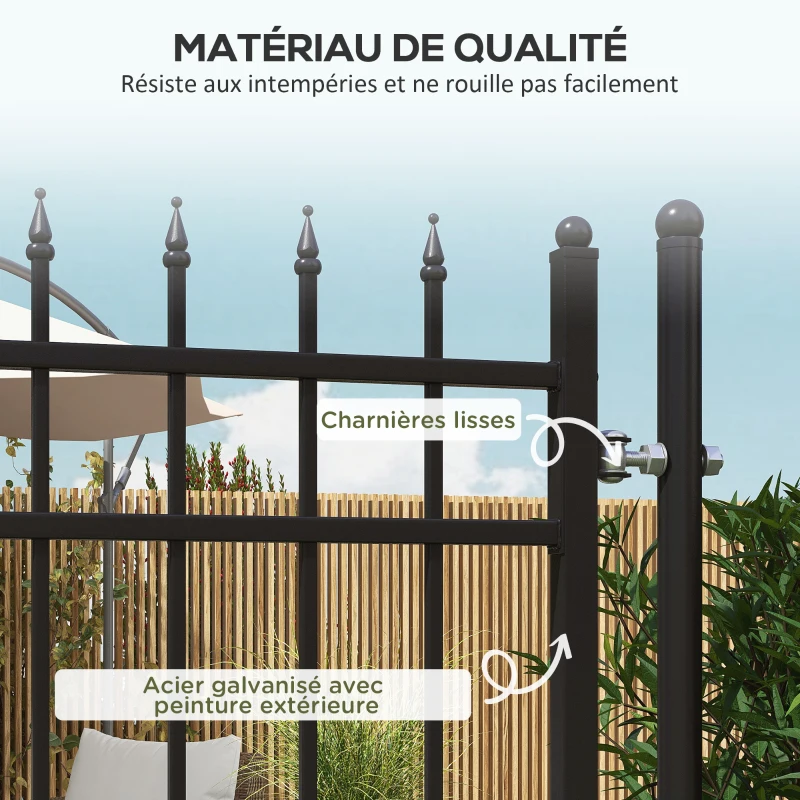 Outsunny Portillon de jardin en acier galvanisé 107 x 204 cm avec serrure, clés et poignée, noir