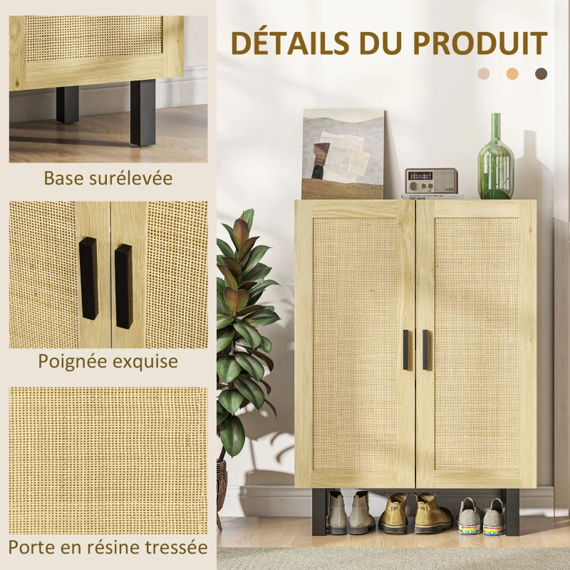HOMCOM Buffet haut meuble de rangement design bohème double portes avec 3 étagères en cannage - 73 x 41 x 102 cm