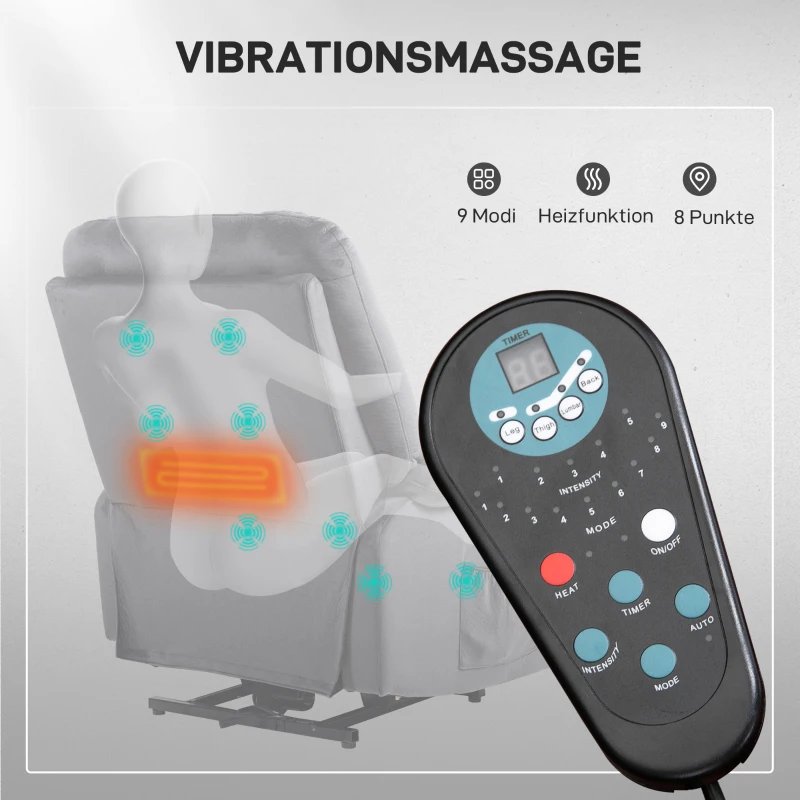 HOMCOM Fernsehsessel mit Aufstehhilfe, Wärme- und Massagefunktion, Fernbedienung und Seitentasche, Dunkelgrau(m-5)