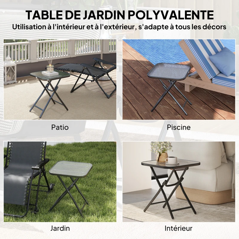Outsunny Table basse carrée bistro de jardin 45 x 45 x 50 cm pliable métal noir plateau verre trempé noir