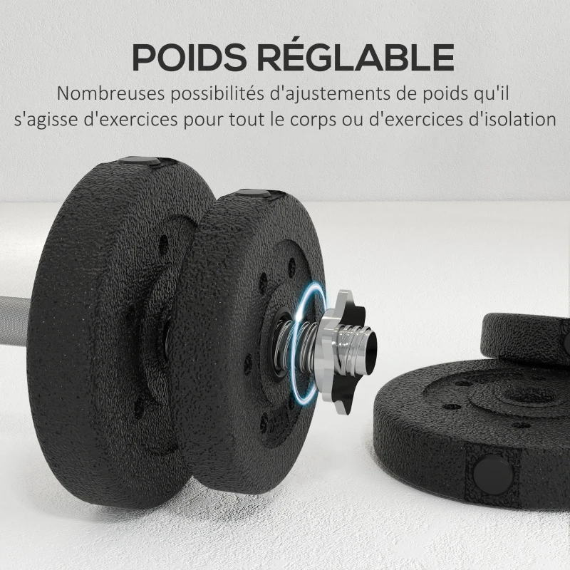 HOMCOM Ensemble d'haltères courtes total 25 kg dumbbell paires poids réglable - barres incluses acier polyuréthane noir