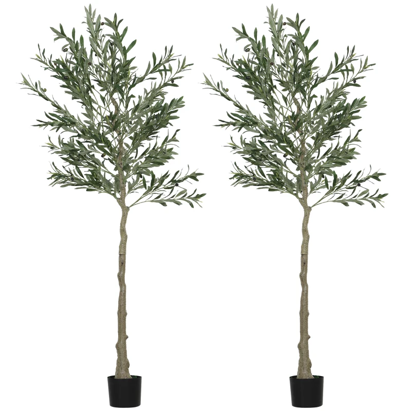 HOMCOM Set of 2 6ft/ 180cm Decorative Artificial Plant, Silk Olive Tree with 900 Leaves and 40 Olive Fruits in Pot, Fake Plant for Home, Office, Living Room, Indoor Decor