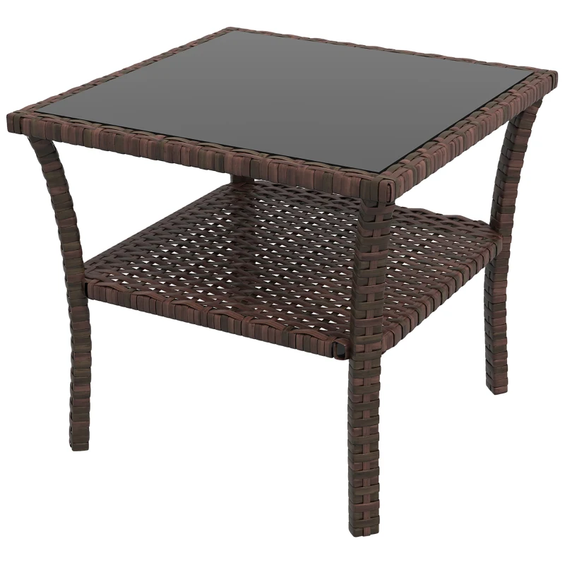 Outsunny Table d'appoint en résine tressée 2 niveaux 50x50x45cm, table basse de jardin carrée plateau en verre trempé, marron