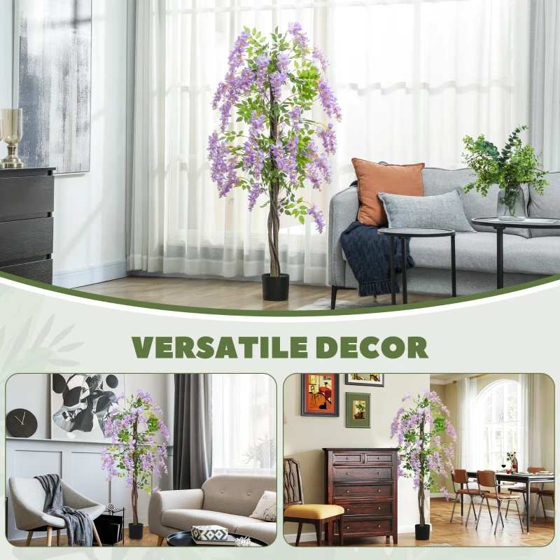 HOMCOM Artificial Wisteria Flower, Tall Fake Plant with 756 Leaves and 54 Flowers in Pot, Decorative Artificial Plant for Home Indoor Decor, 180 cm, Purple