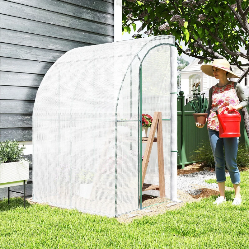 Outsunny Outdoor Walk-In Lean to Wall Greenhouse with Zippered Roll Up Door and PE Cover, 143L x 118W x 212Hcm, White