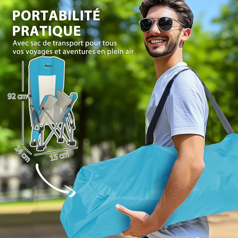 Outsunny Lot de 2 chaises de plage pliable chaises camping pliante légère sac de transport porte-gobelet 70 x 58 x 79 cm bleu