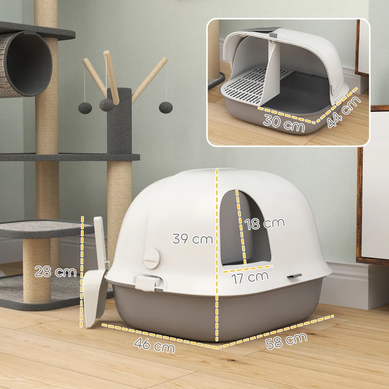 PawHut Bac à litière pour chat maison de toilette chat avec porte pelle toit avant ouvrant 58 x 46 x 39 cm gris clair et blanc