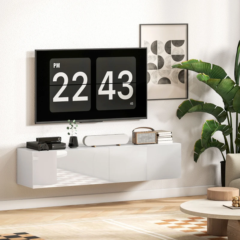 HOMCOM Meuble TV suspendu pour téléviseur jusqu'à 45 55 65 pouces avec 2 placards à portes, 140 x 33 x 29,8 cm, blanc