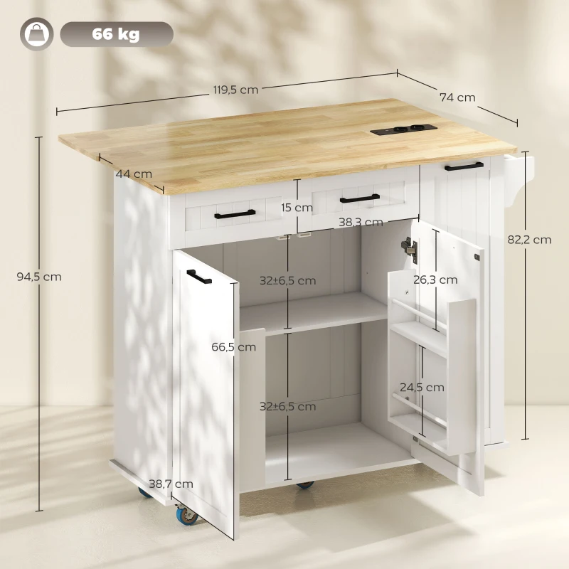HOMCOM Îlot central cuisine mobile avec prise de courant et port USB, tablette à abattant, étagère réglable blanc(m-3)
