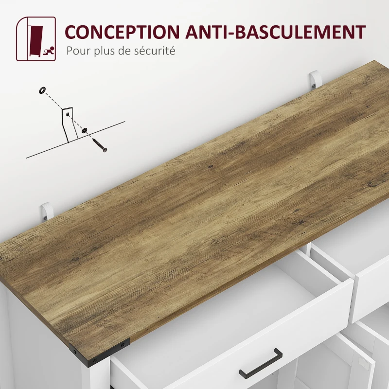 HOMCOM Buffet meuble de rangement style rural 2 tiroirs et 2 placards avec étagères réglables, 120 x 39,3 x 82,5 cm, blanc