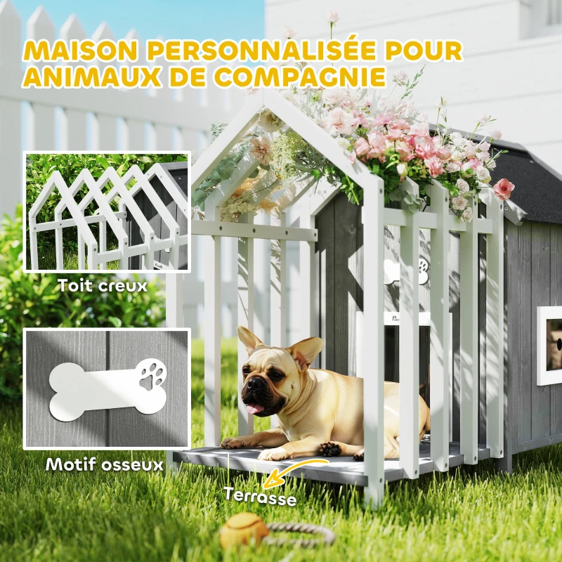 PawHut Niche pour chien extérieur en bois maison chien extérieur avec terrasse, porte à lamelles, 106 x 62,5 x 80,5 cm, gris