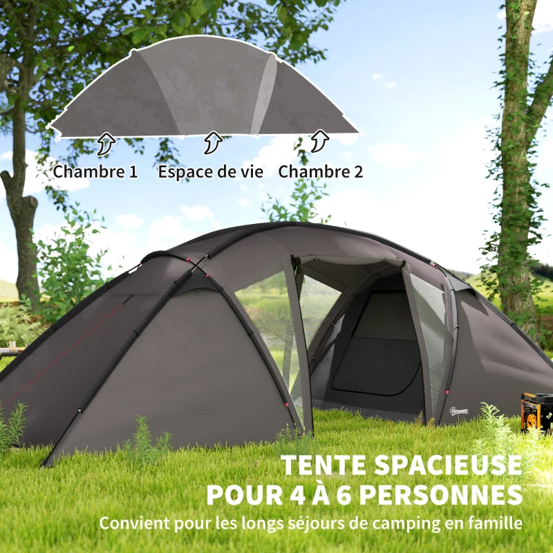 Outsunny Tente de camping familiale pour 4-6 personnes, tente tunnel imperméable 3000 mm avec 2 portes, sac de transport, noir