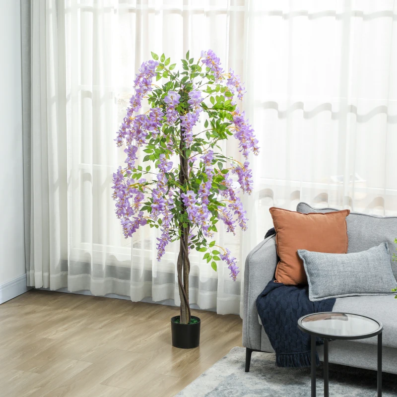 HOMCOM Artificial Wisteria Flower, Tall Fake Plant with 756 Leaves and 54 Flowers in Pot, Decorative Artificial Plant for Home Indoor Decor, 180 cm, Purple