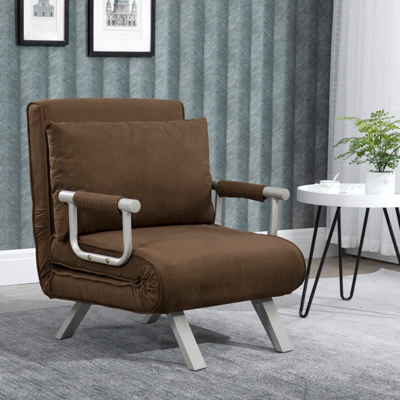 HOMCOM Poltrona Letto Moderna 2 in 1 con Schienale Reclinabile su 5 Posizioni e Cuscino, 65x69x80cm, Marrone