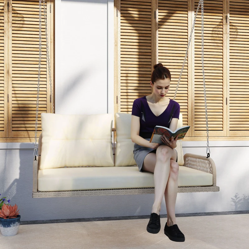 Outsunny Hollywoodschommel 2-Zits Rattan Tuinschommel met Kussens Ketens Tot 240 kg 115 x 66 x 44 cm Beige