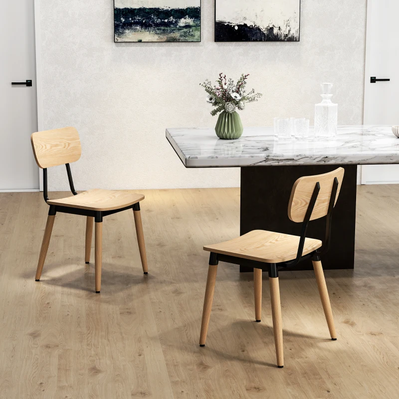 HOMCOM Lot de 2 chaises de salle à manger modernes avec pieds en acier et dossier incurvé, effet bois naturel